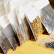 Stacked seeds in plastic bags with labels